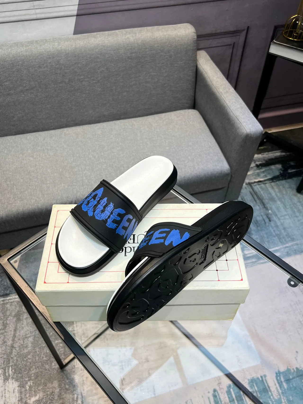 Alexander McQueen Blue Logo Black and White Platform Slippers 4