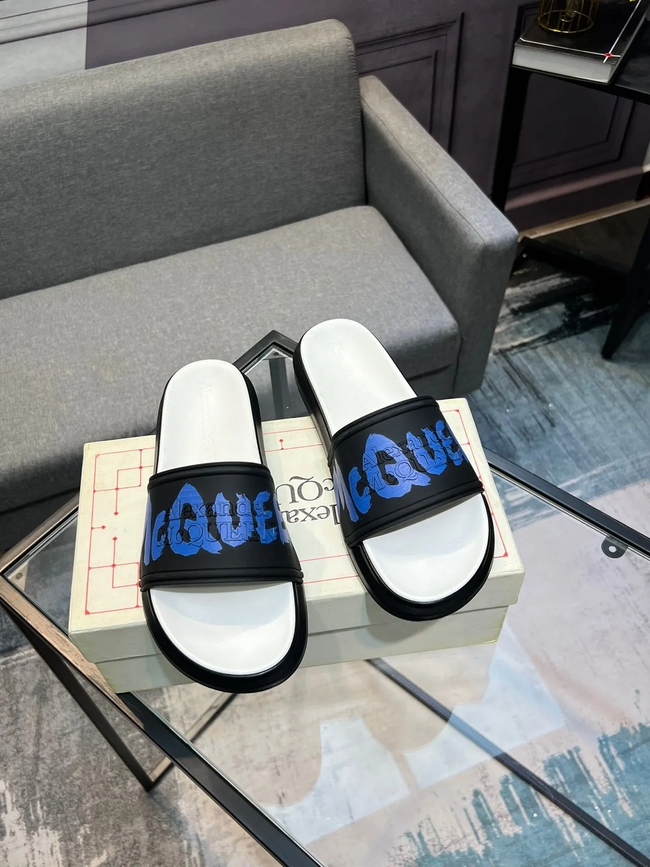 Alexander McQueen Blue Logo Black and White Platform Slippers 5