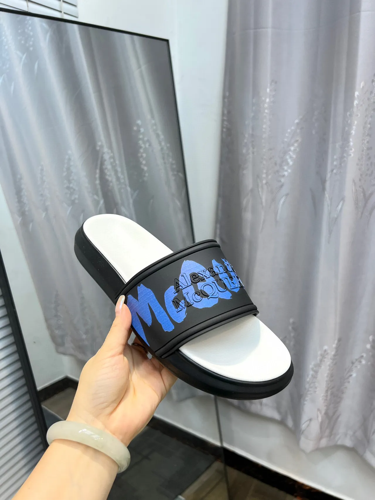 Alexander McQueen Blue Logo Black and White Platform Slippers 6