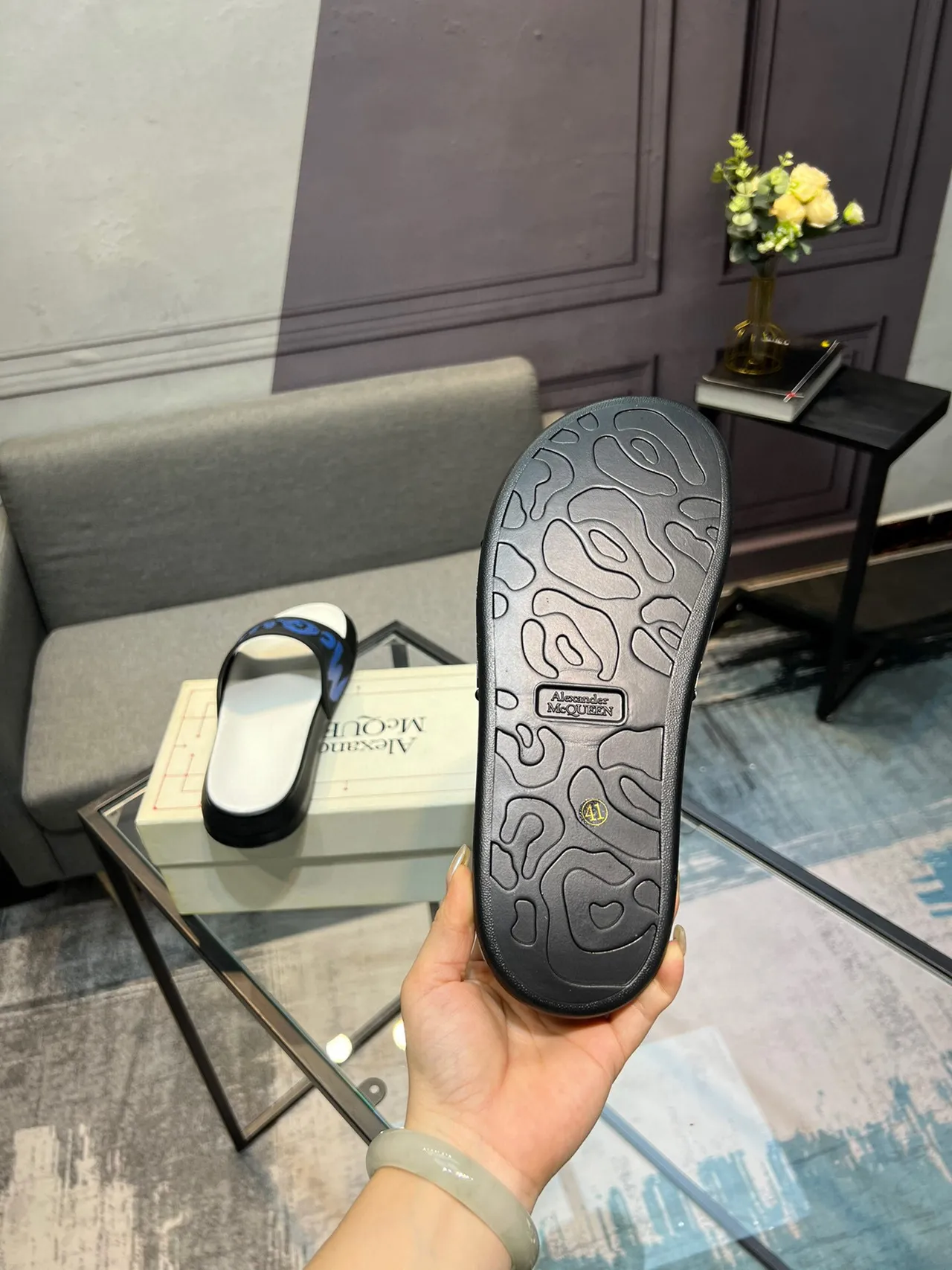 Alexander McQueen Blue Logo Black and White Platform Slippers 7