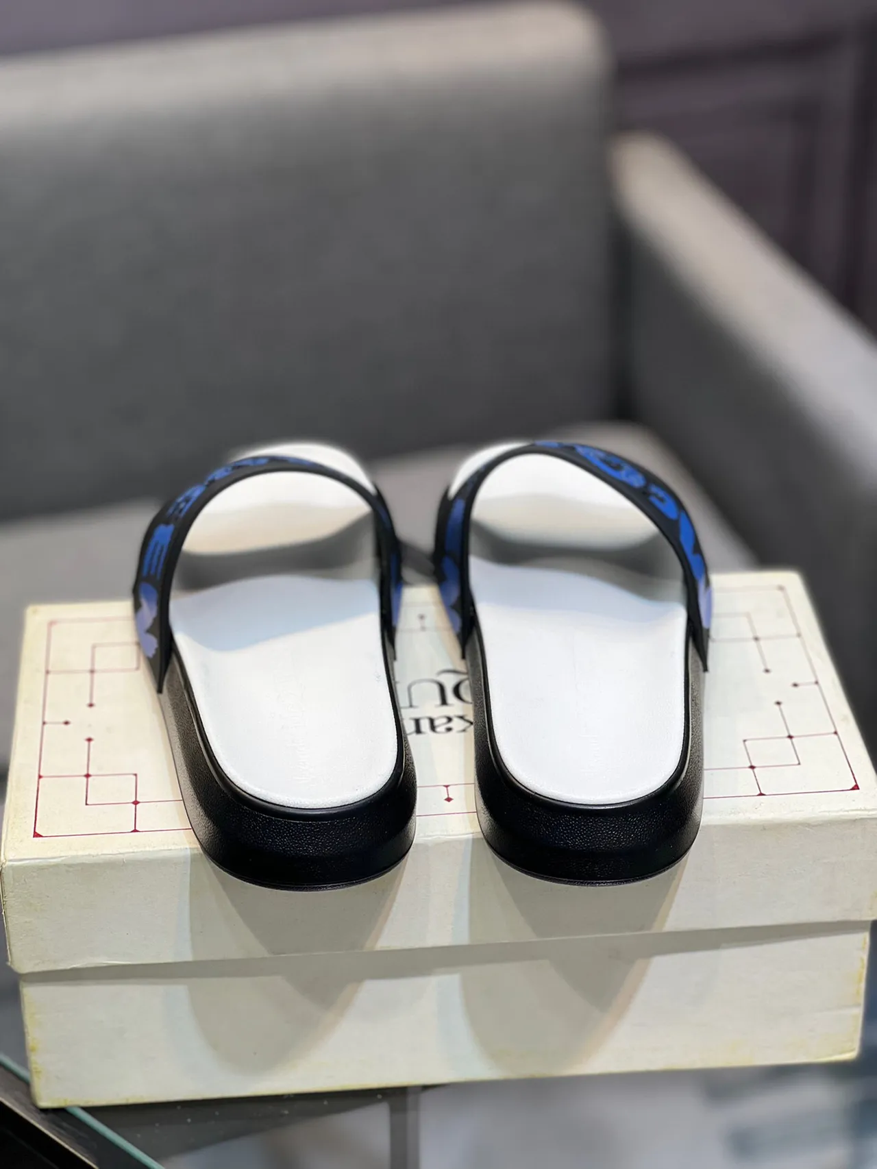 Alexander McQueen Blue Logo Black and White Platform Slippers 8