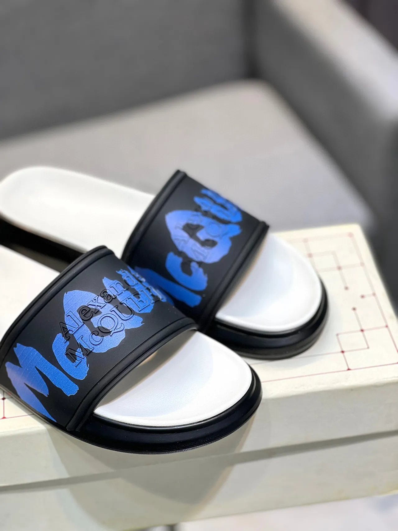 Alexander McQueen Blue Logo Black and White Platform Slippers 9