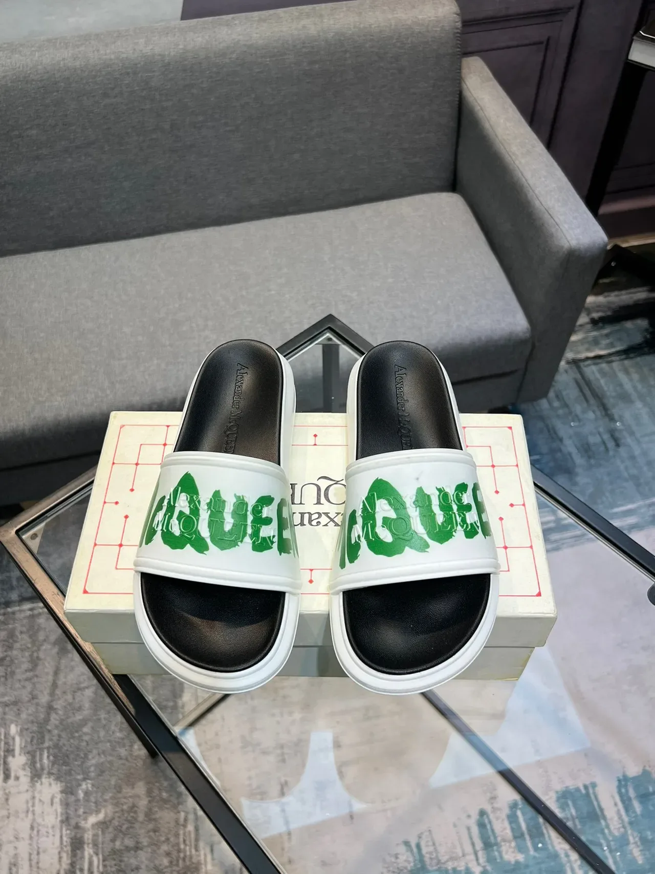 Alexander McQueen McQ Slide সাদা সবুজ লোগো স্লিপার্স 2