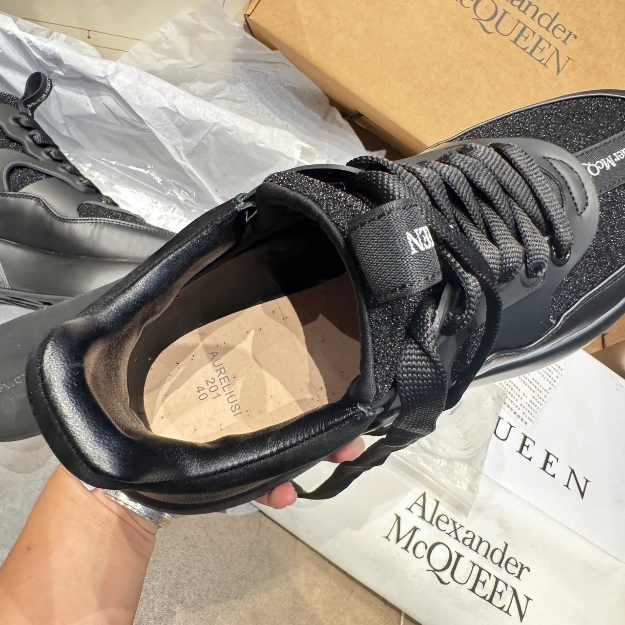 Alexander McQueen Oversized Sneaker Black Glitter Mesh Chunky Sneakers 4