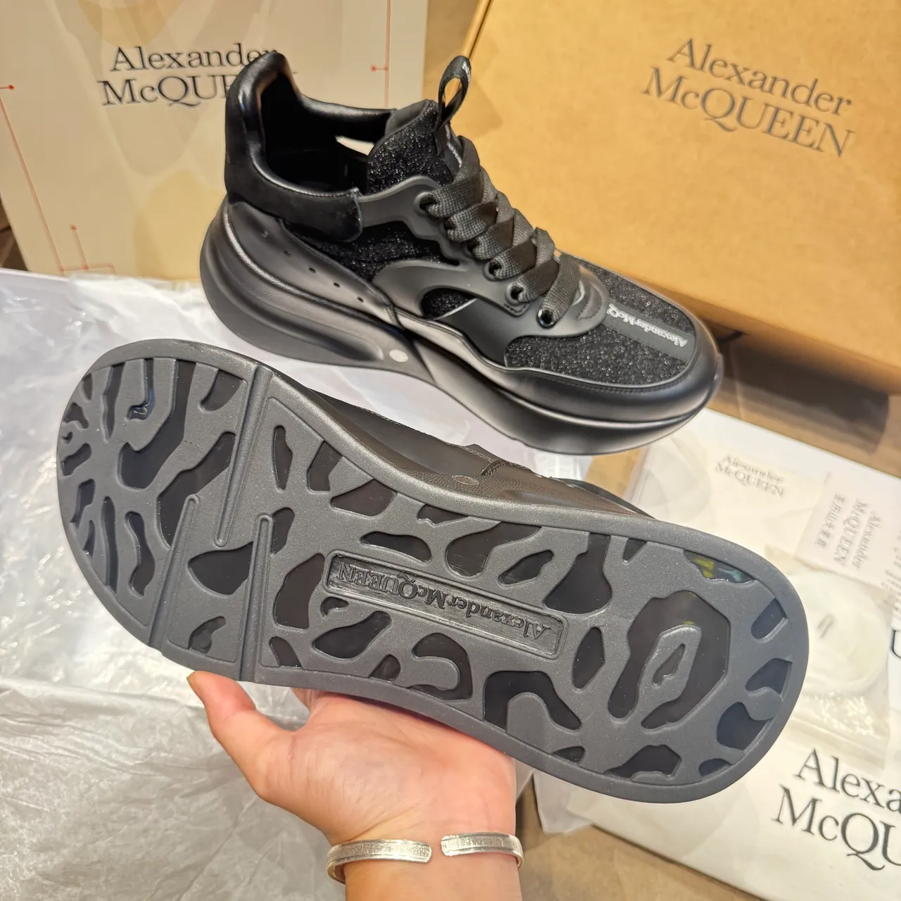 Alexander McQueen Oversized Sneaker Black Glitter Mesh Chunky Sneakers 5