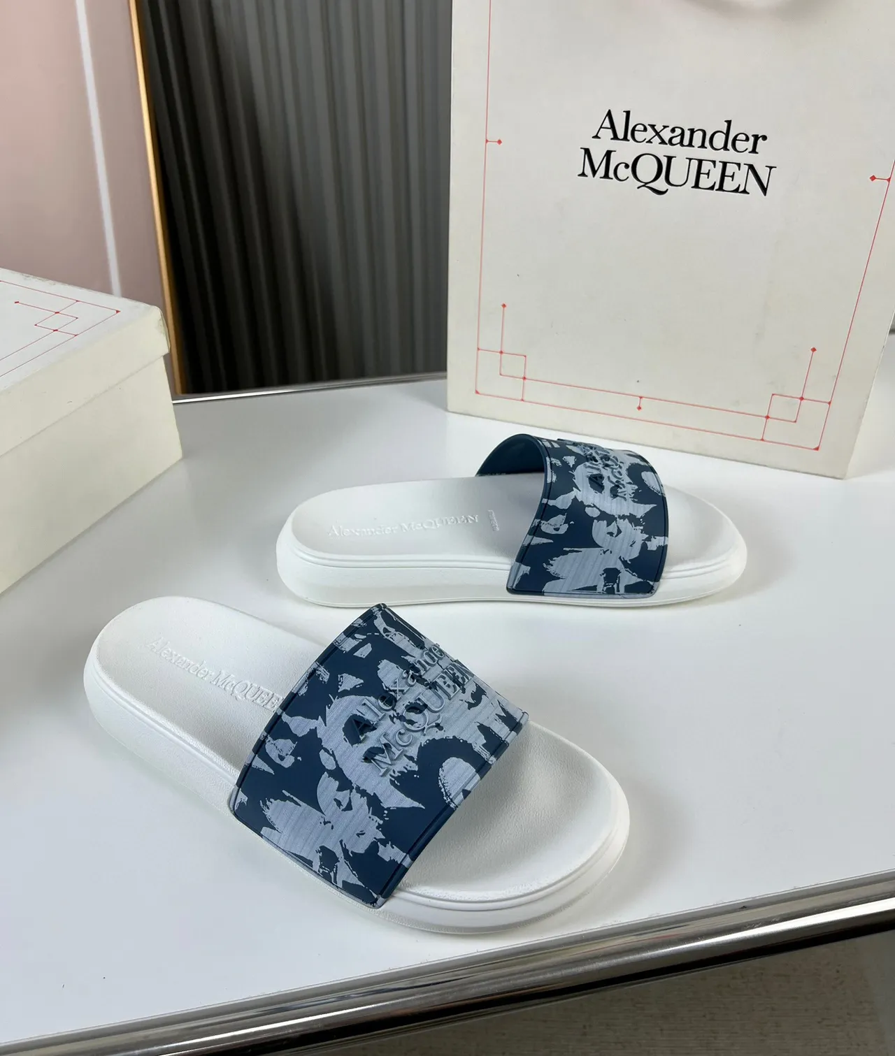 Alexander McQueen White Navy Printed Strap Embossed Logo Slippers 9