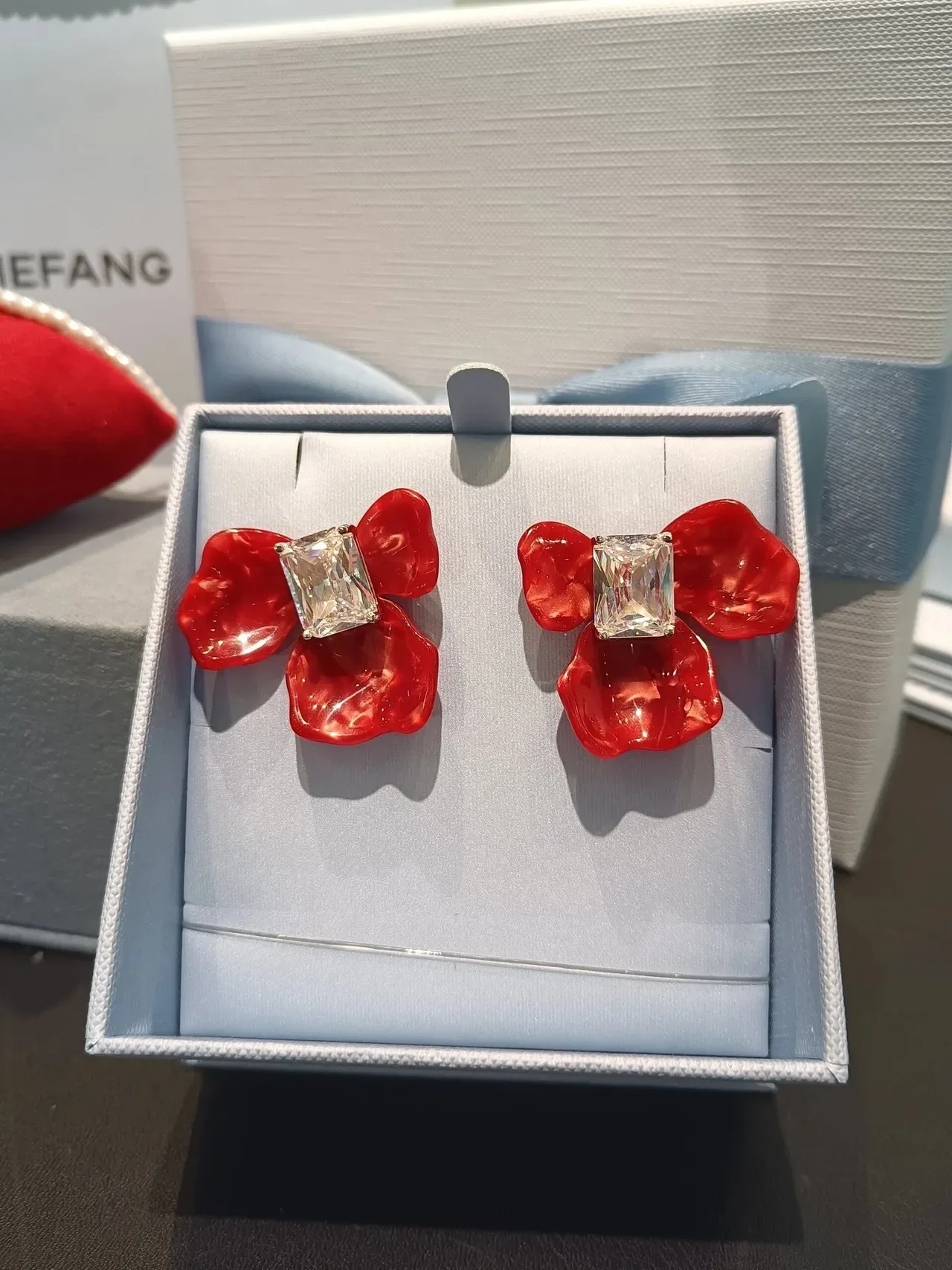Alexander Wang Red Transparent Floral Motif Glossy Resin Petals Earrings 9