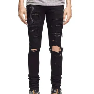 Amiri Black Beige Distressed Embroidered Cobra Jeans