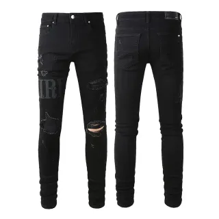 Amiri Black Beige Distressed Slim-Fit Jeans