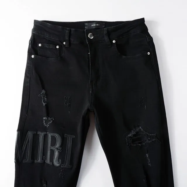 Amiri Black Beige Distressed Slim-Fit Jeans 14