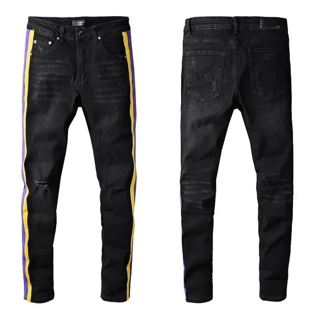 Amiri Track Stripe Noir Multicolore Slim-Fit Distressed Knee Jeans 1