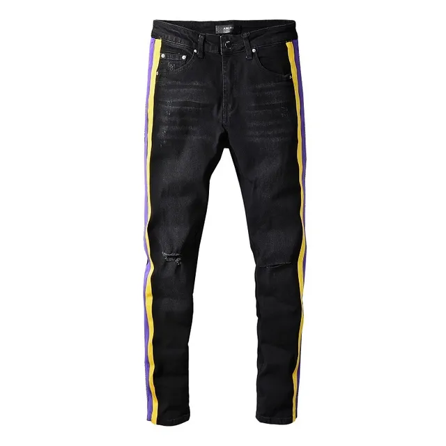 Amiri Track Stripe Noir Multicolore Slim-Fit Distressed Knee Jeans 5