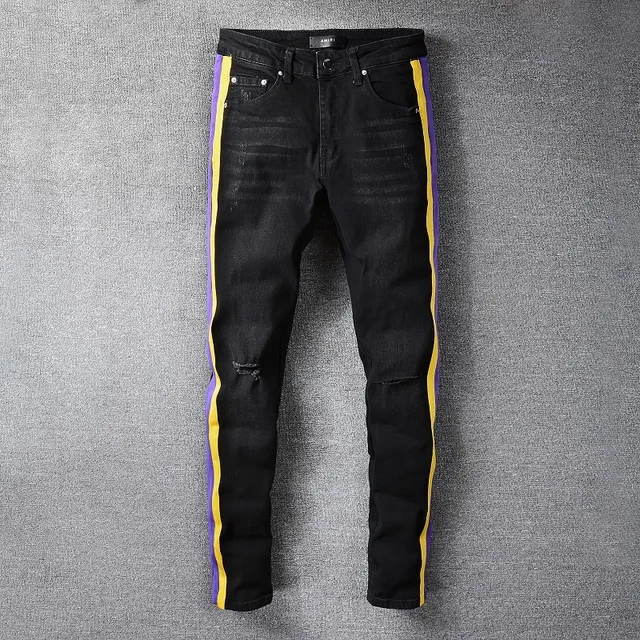 Amiri Track Stripe Noir Multicolore Slim-Fit Distressed Knee Jeans 6