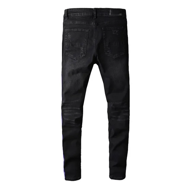 Amiri Track Stripe Noir Multicolore Slim-Fit Distressed Knee Jeans 12
