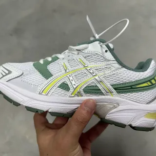 ASICS White Green Mesh Upper Synthetic Cage Overlay Running Shoes