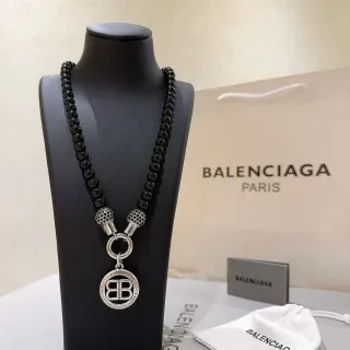 Balenciaga BB Pendant Necklace Black Beaded Chain Silver-Tone Hardware Necklaces