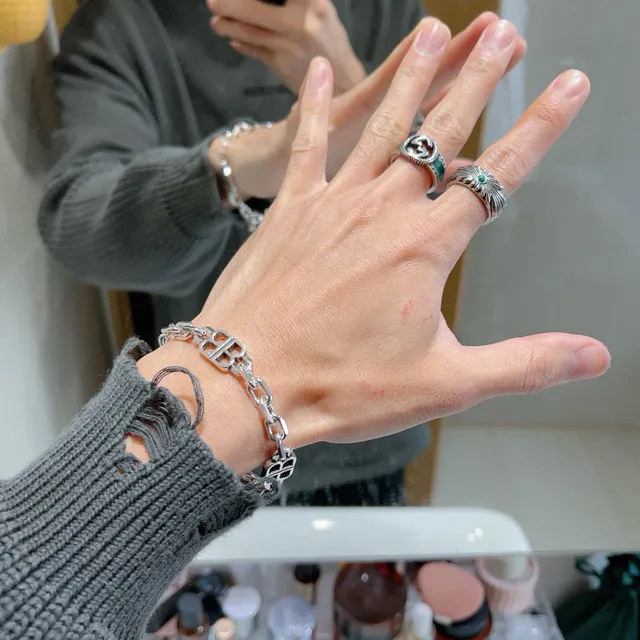 Balenciaga BB Prata Pulseira Corrente Grossa Elos Double-B Logo Motifs 8