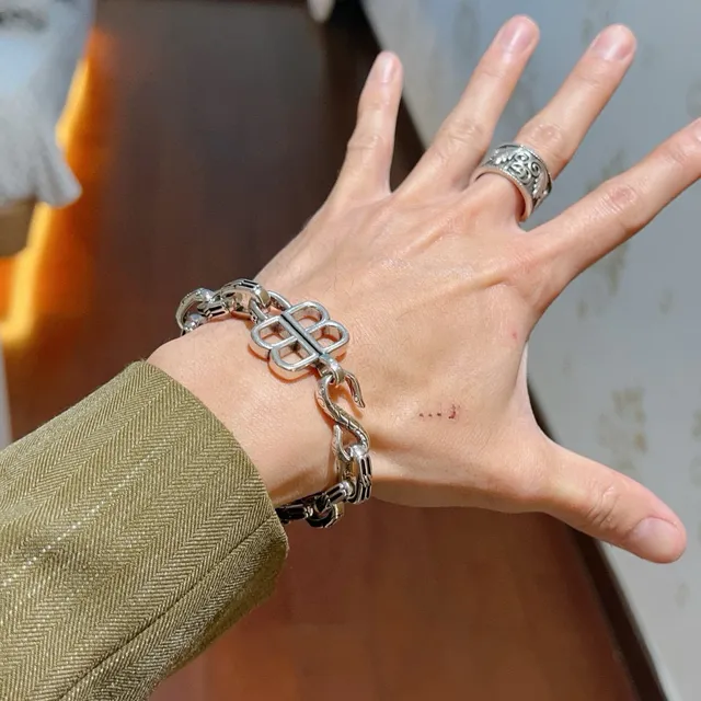Balenciaga BB Silver Chunky Link Chain Interlocking B Clasp Bracelet 5
