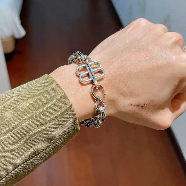 Balenciaga BB Silver Chunky Link Chain Interlocking B Clasp Bracelet 8
