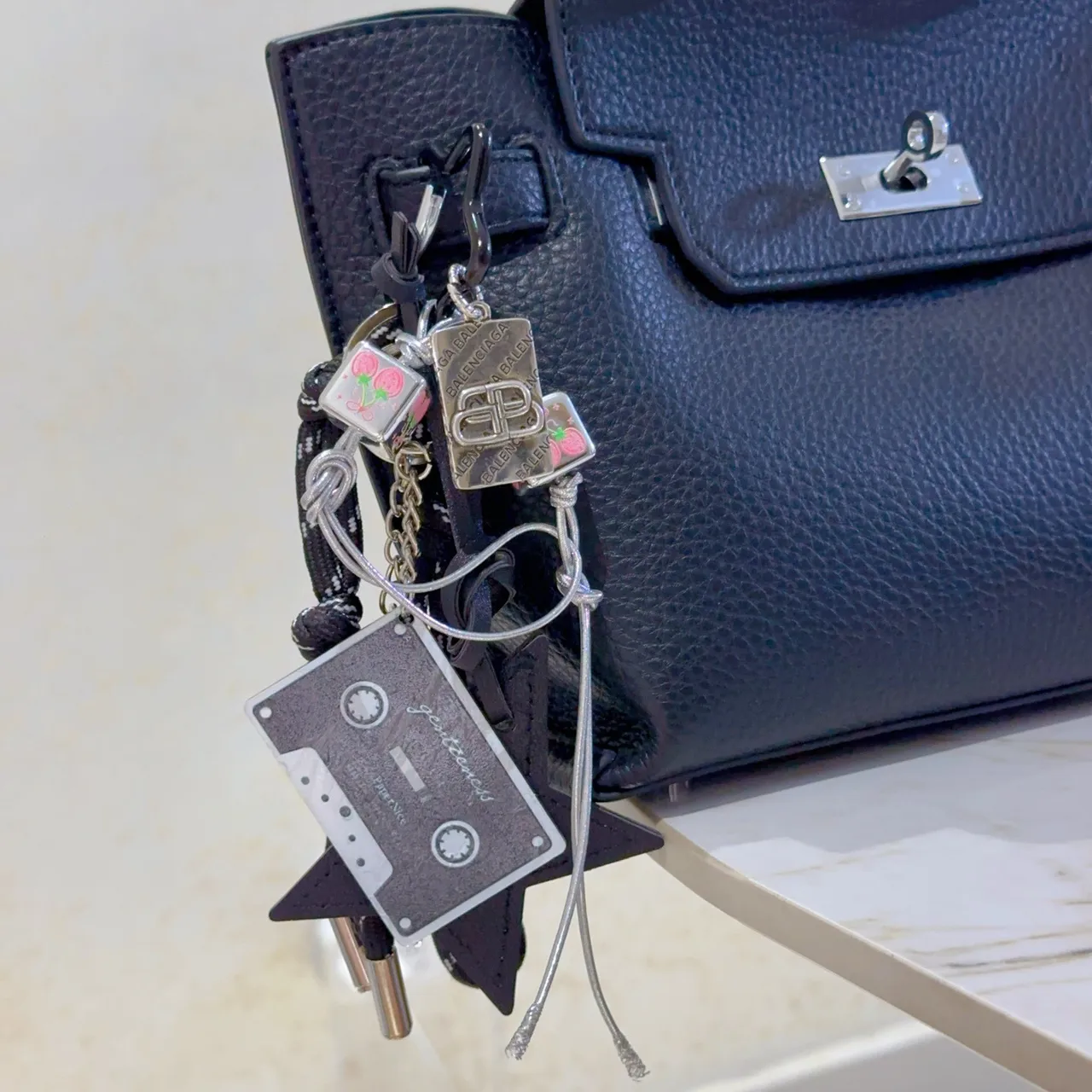 Balenciaga Black Silver Multi-Charm Keychain Rope Cord Phone Accessory 2