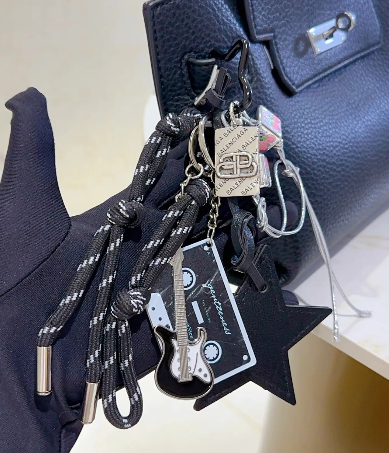 Balenciaga Black Silver Multi-Charm Keychain Rope Cord Phone Accessory 3