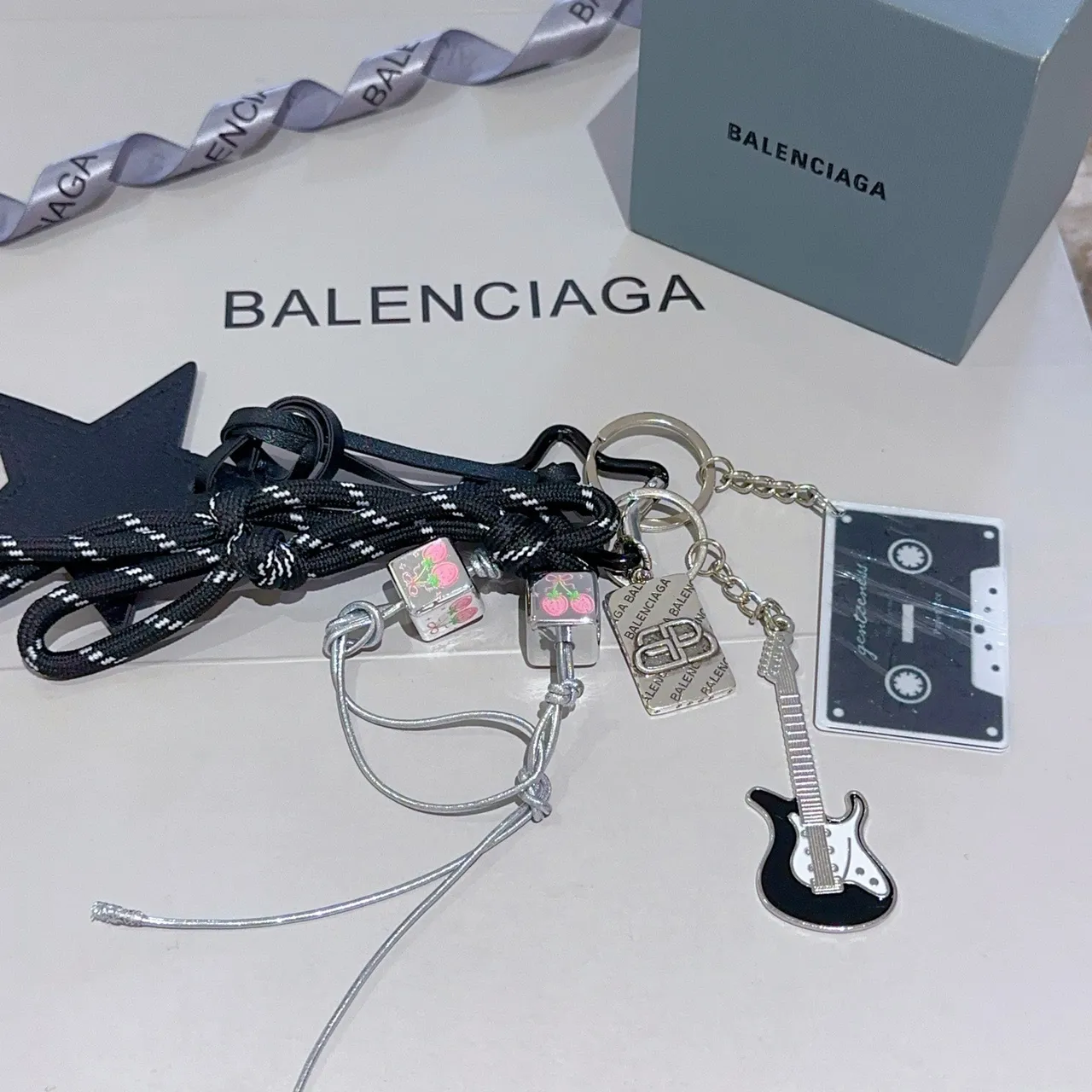 Balenciaga Black Silver Multi-Charm Keychain Rope Cord Phone Accessory 4