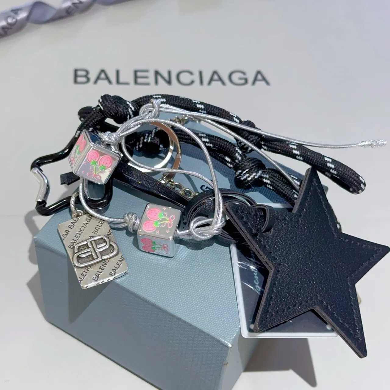 Balenciaga Black Silver Multi-Charm Keychain Rope Cord Phone Accessory 6