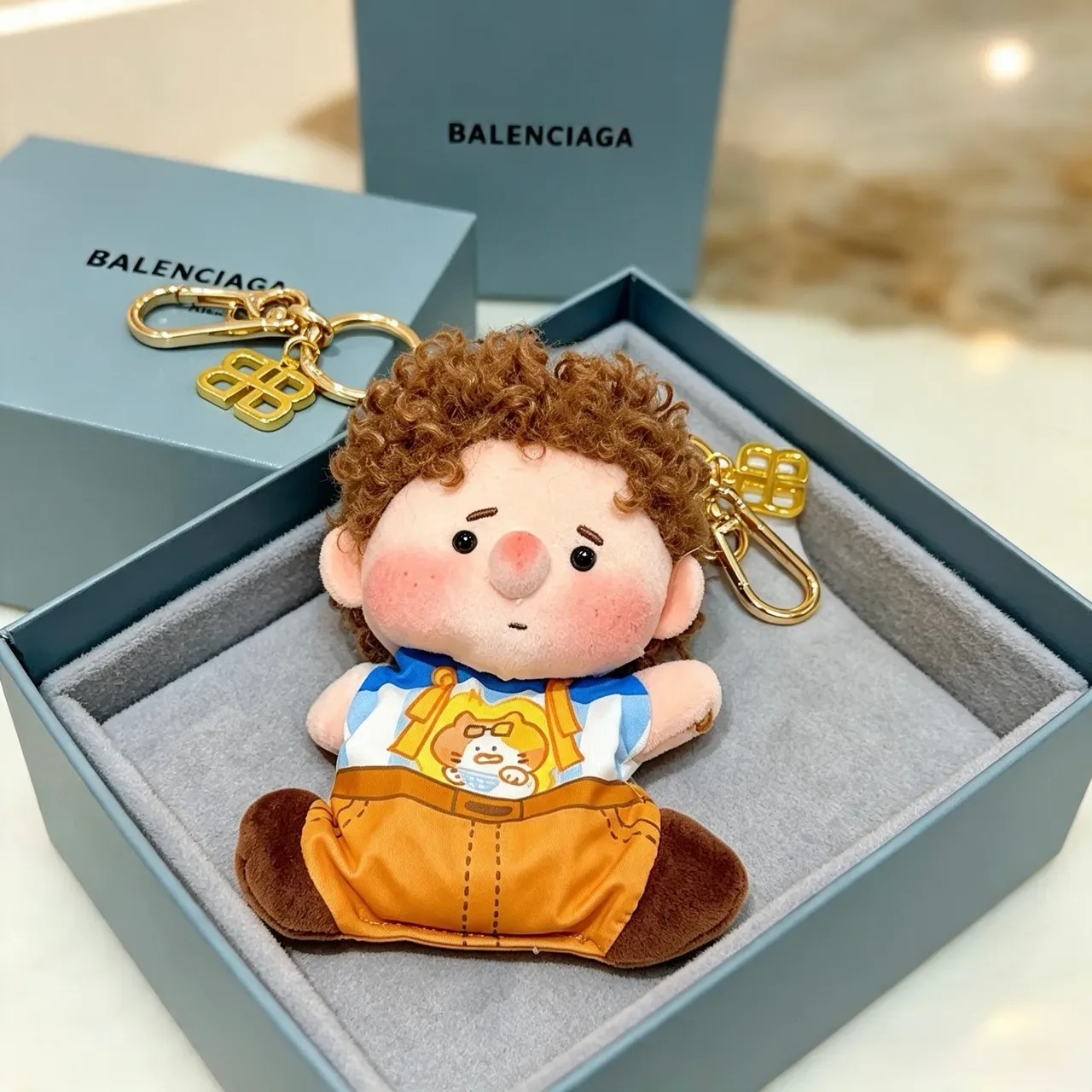 Balenciaga Brown Blue Plush Doll Keychain Accessory Handbag 2
