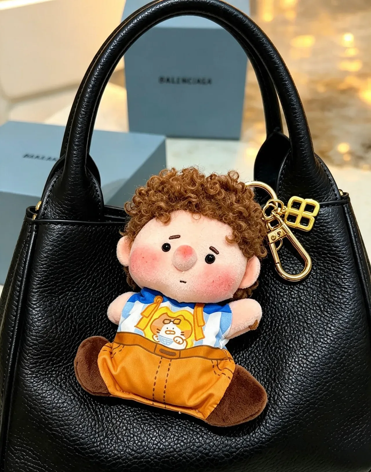 Balenciaga Brown Blue Plush Doll Keychain Accessory Handbag 3