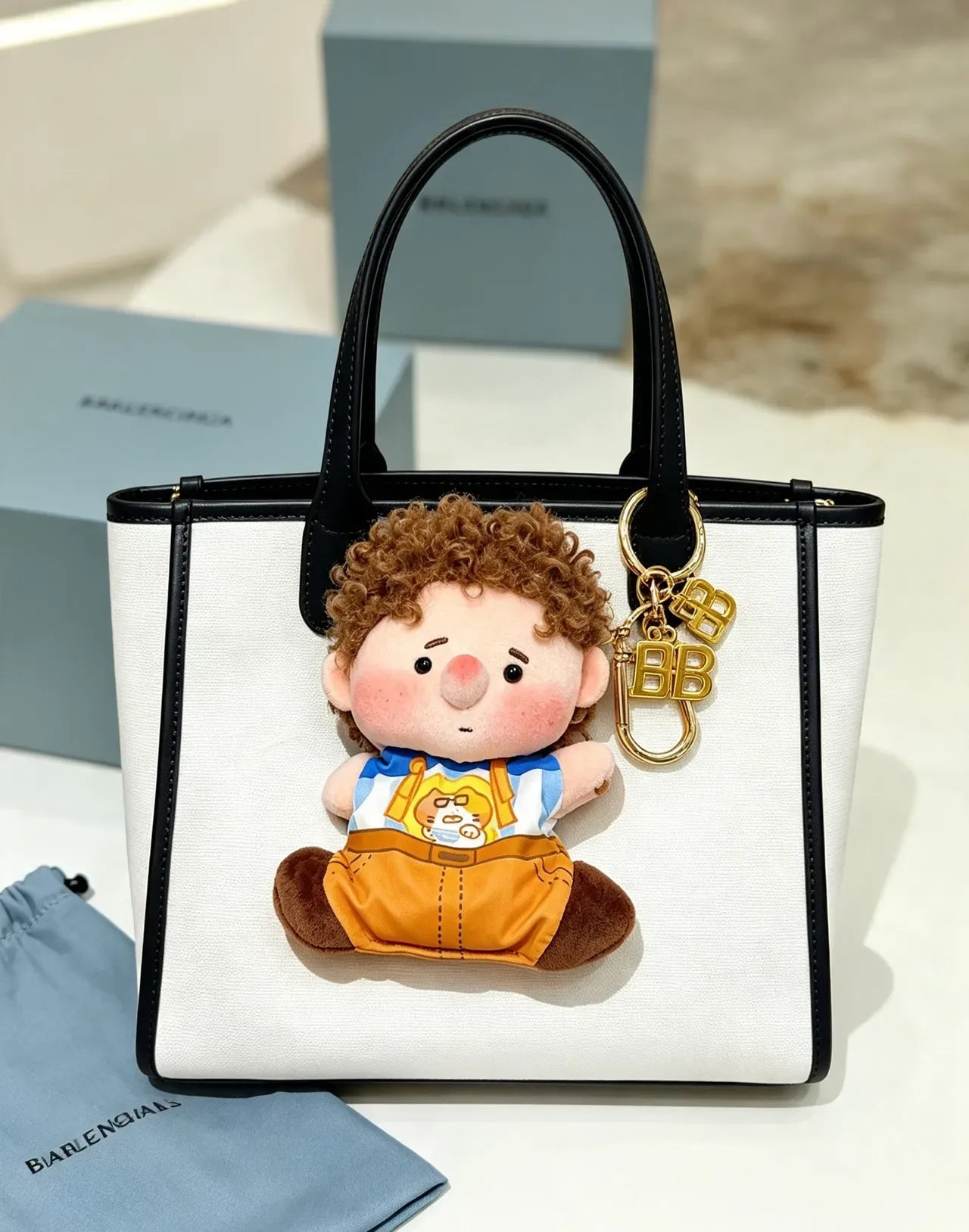 Balenciaga Brown Blue Plush Doll Keychain Accessory Handbag 4