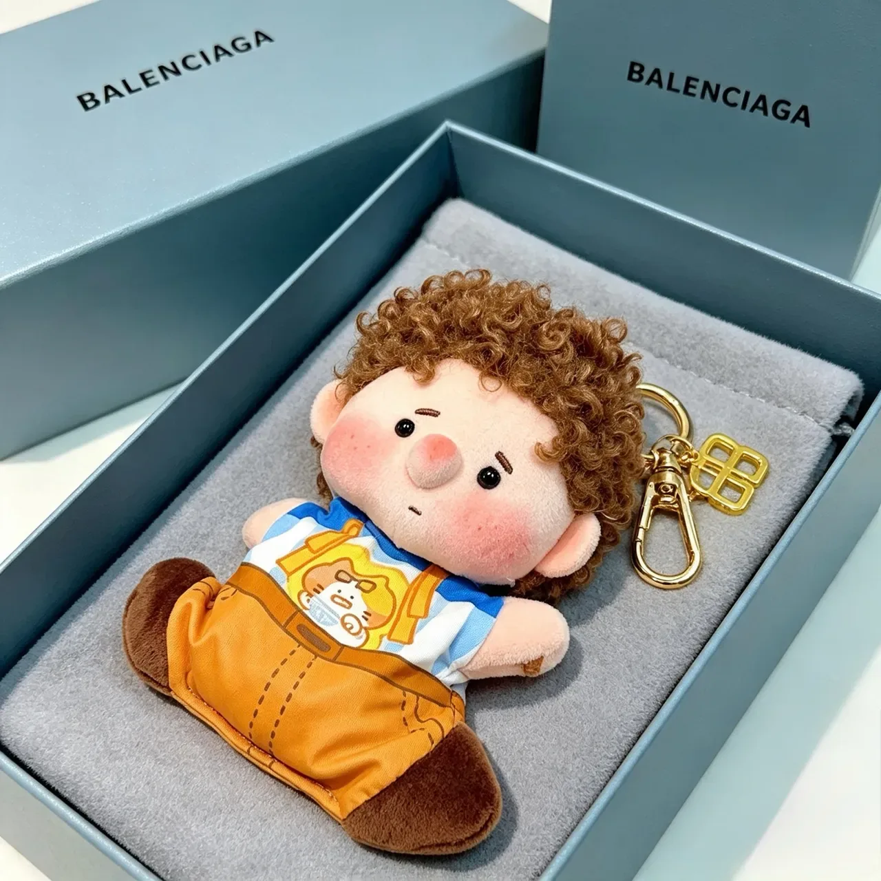 Balenciaga Brown Blue Plush Doll Keychain Accessory Handbag 6
