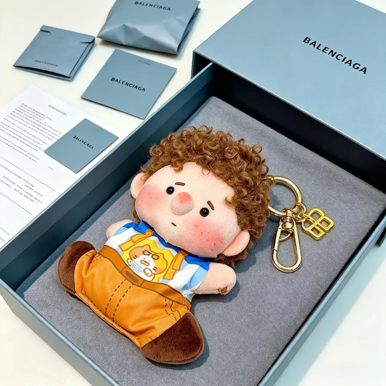 Balenciaga Brown Blue Plush Doll Keychain Accessory Handbag 7