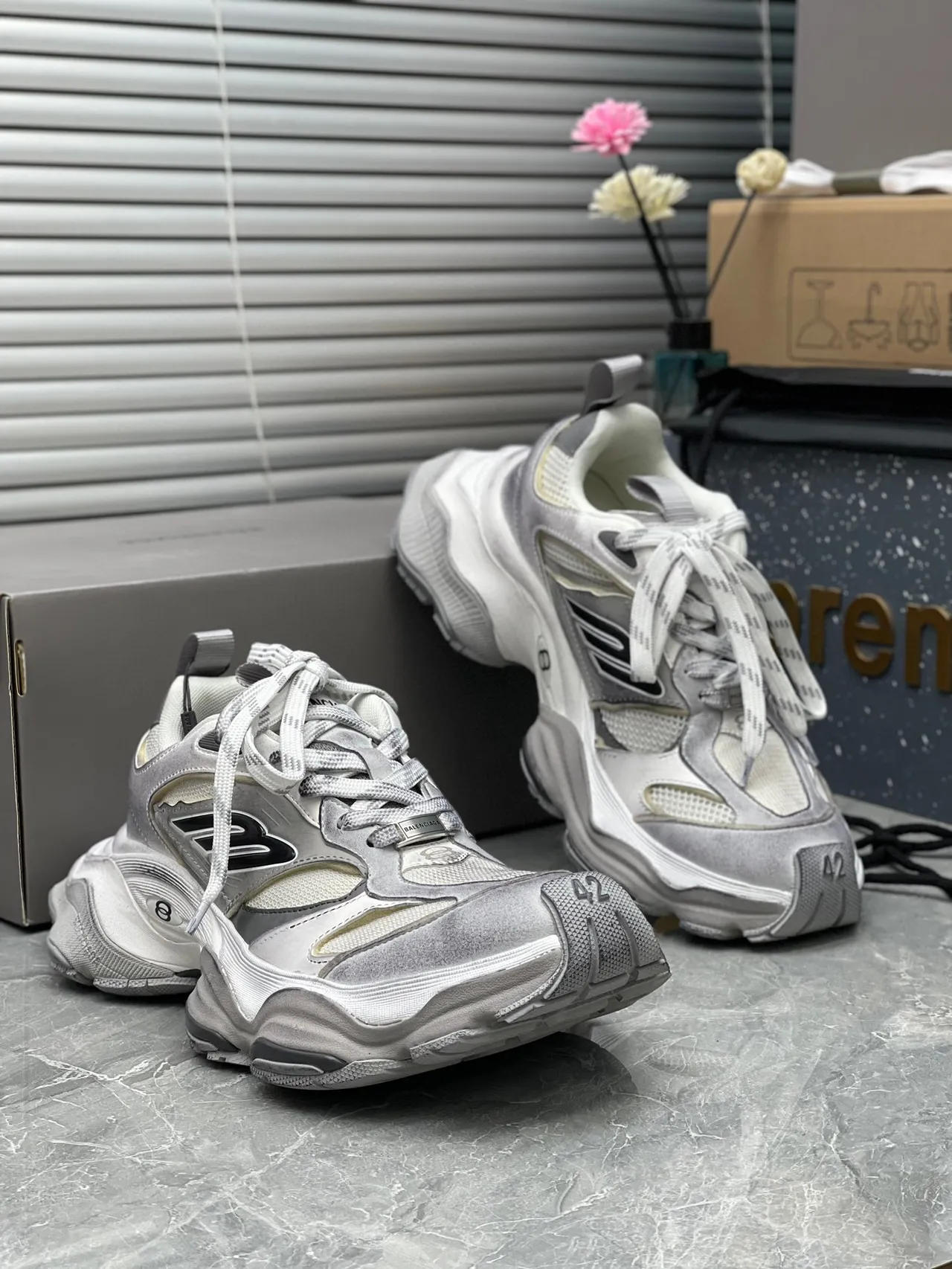 Balenciaga Gray White Multi-Layered Sole Sculpted Midsole Chunky Sneakers 7