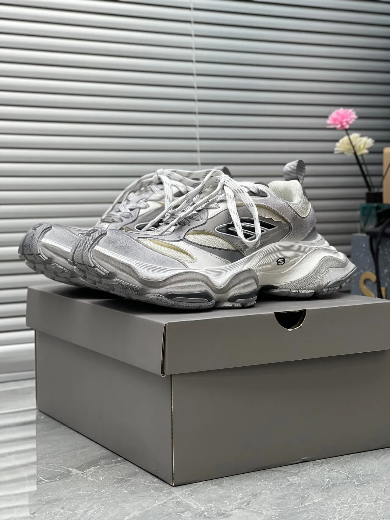 Balenciaga Gray White Multi-Layered Sole Sculpted Midsole Chunky Sneakers 8