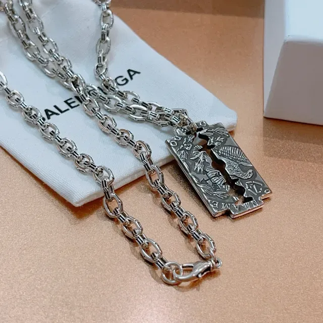 Balenciaga Razor Blade Pendant Silver Chain Necklace 4