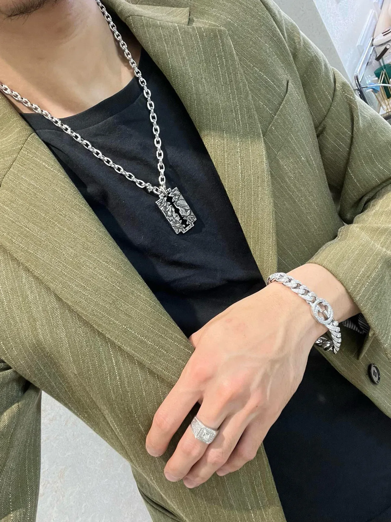 Balenciaga Razor Blade Pendant Silver Chain Necklace 5