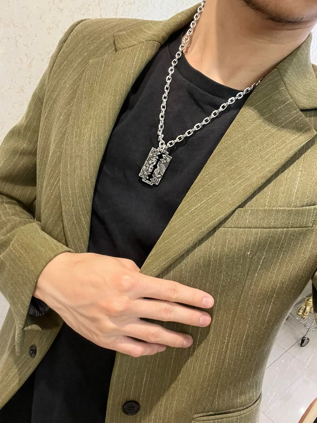Balenciaga Razor Blade Pendant Silver Chain Necklace 8