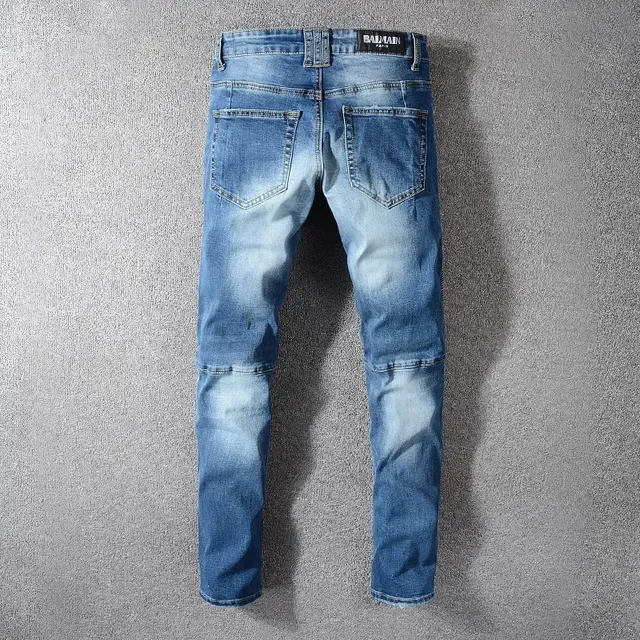 Balmain Moto-Panelled Distressed Blue Jeans 7