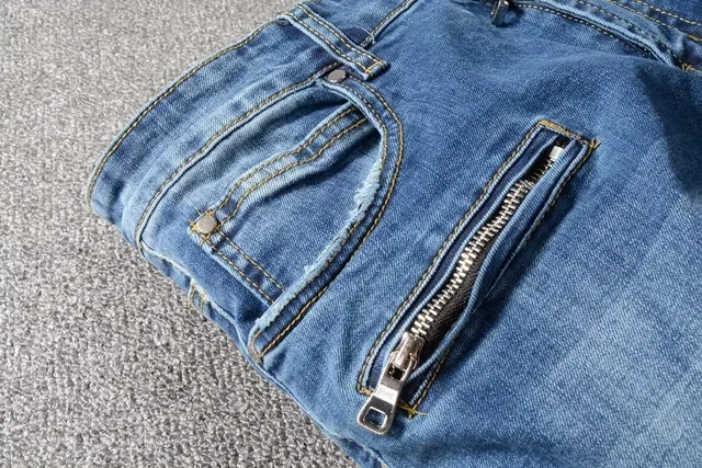 Balmain Moto-Panelled Distressed Blue Jeans 8