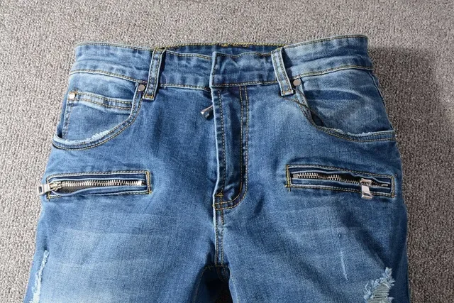 Balmain Moto-Panelled Distressed Blue Jeans 10