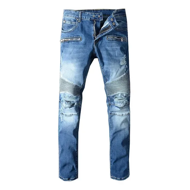 Balmain Moto-Panelled Distressed Blue Jeans 13