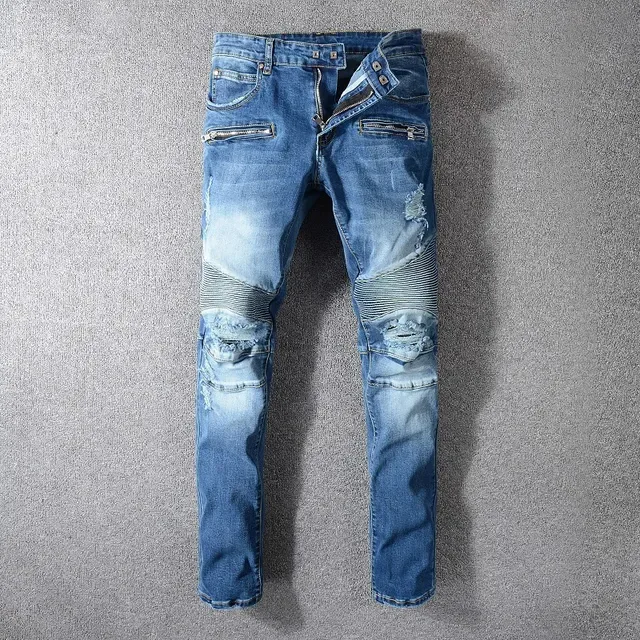 Balmain Moto-Panelled Distressed Blue Jeans 14