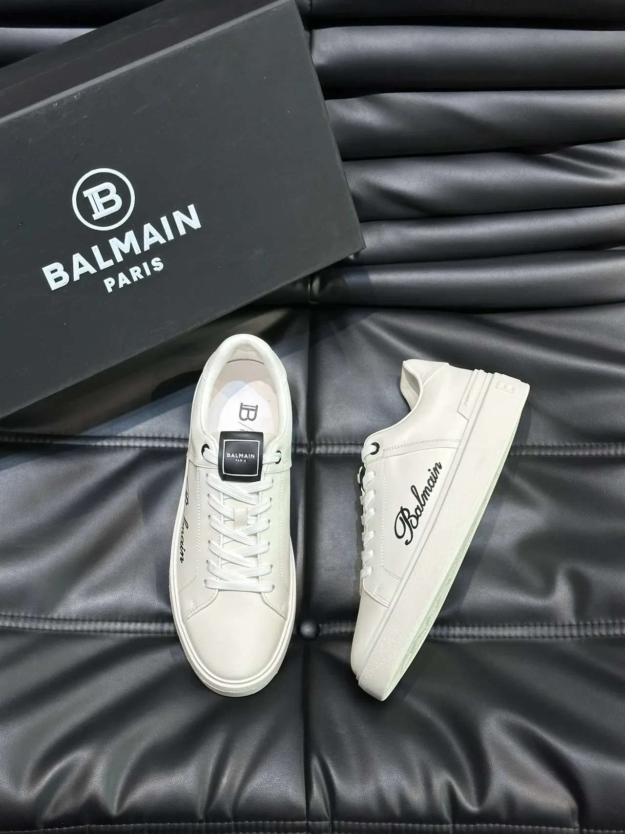 Balmain White Black Leather Upper Cursive Logo Lifestyle Sneakers 5