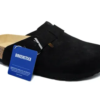 Birkenstock أسود بني جلد ناعم علوي حزام واحد إبزيم إغلاق كلوت