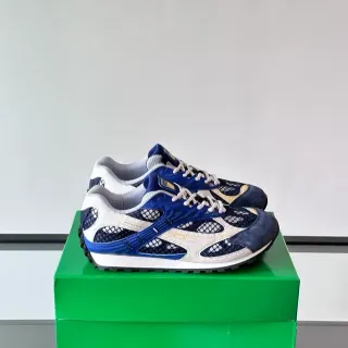 Bottega Veneta Andiamo Navy White Mesh-Suede Hybrid Upper Layered Synthetic Overlays Lifestyle Sneakers