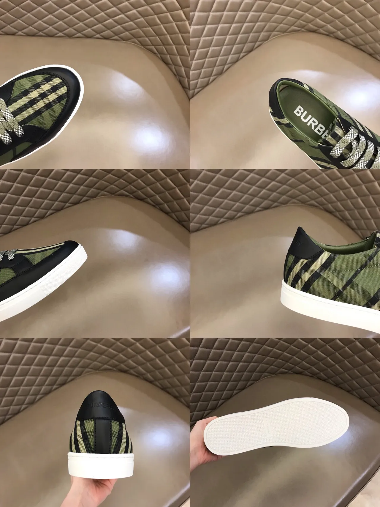 Burberry Chaussures Lifestyle Vert Armée Noir Maison Check Toile Haut Cuir Bout Doigt 2