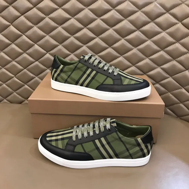 Burberry Chaussures Lifestyle Vert Armée Noir Maison Check Toile Haut Cuir Bout Doigt 7