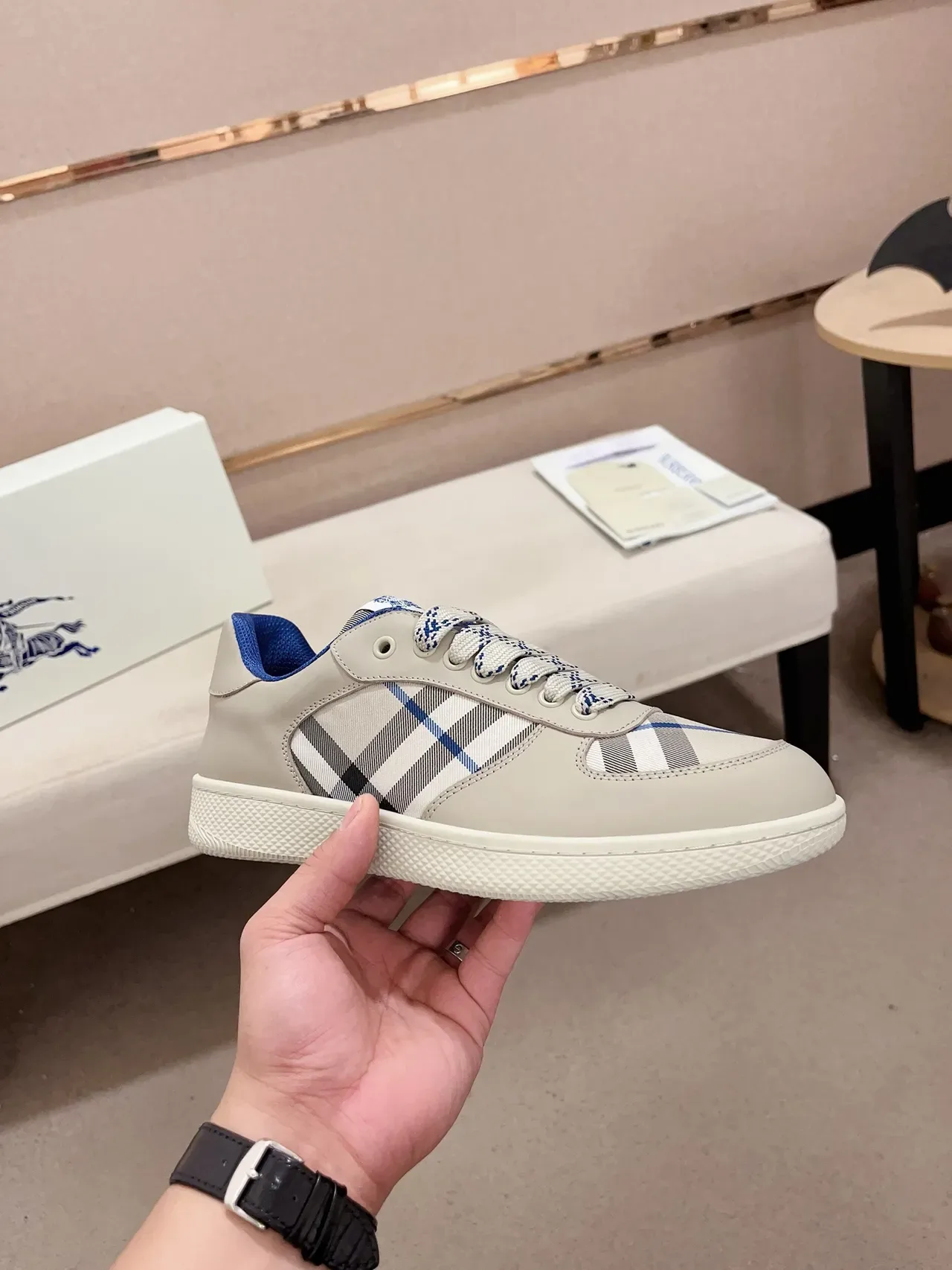Burberry Beige Blue Low-Top Check-Paneled Lifestyle Sneakers 4