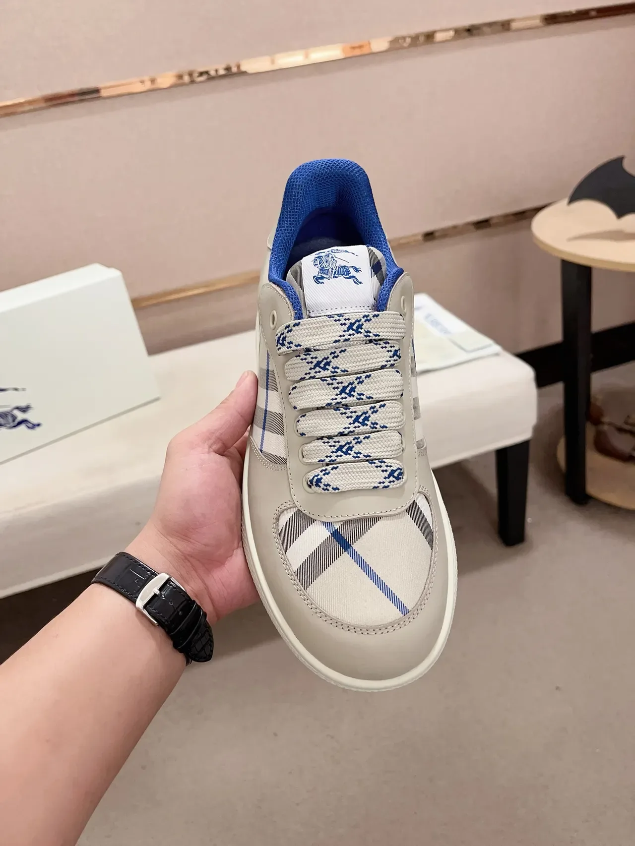 Burberry Beige Blue Low-Top Check-Paneled Lifestyle Sneakers 5