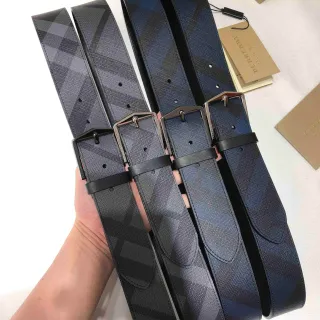 Burberry Black Navy Woven Check Fabric Rectangular Metal Buckle Leather Belt